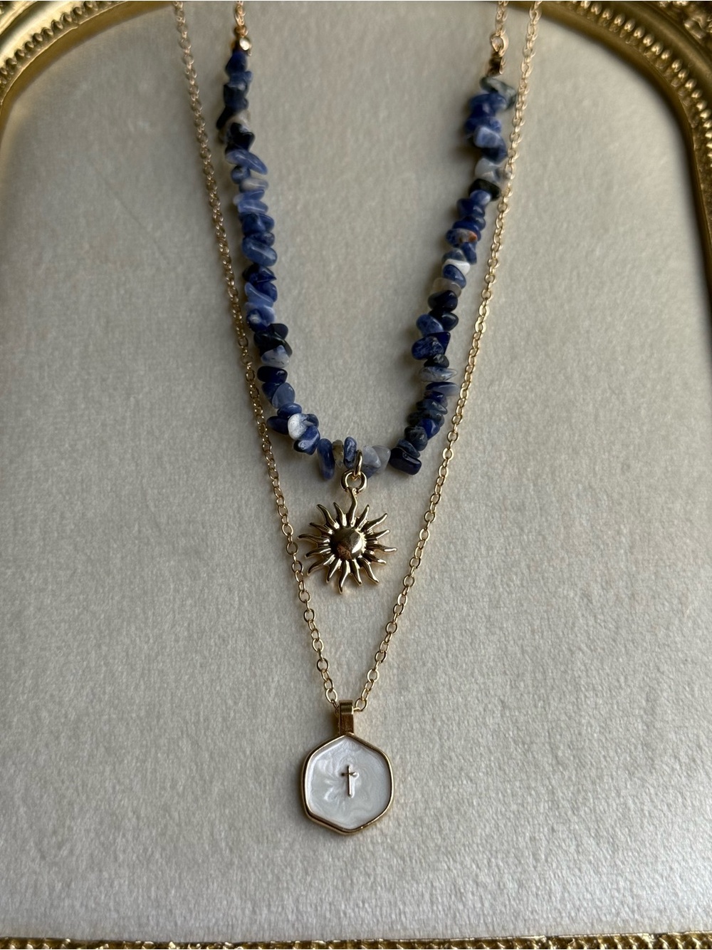 Gold Sun & Mother-of-Pearl Cross Layered Necklace with Blue Stone Beads